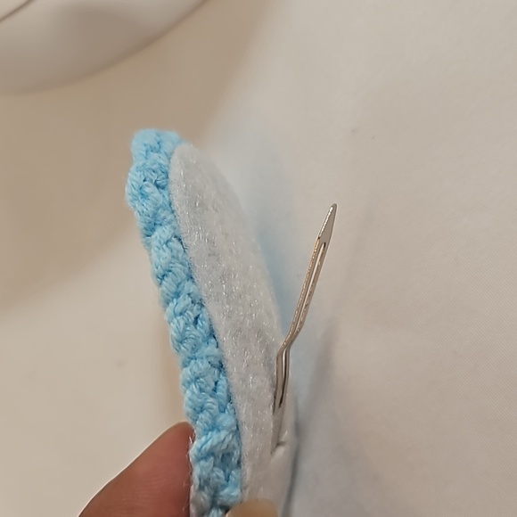Hand Crafted Hand Knit Crochet Snap Hair Clip Blue with White Flower Boho Style - Picture 7 of 17